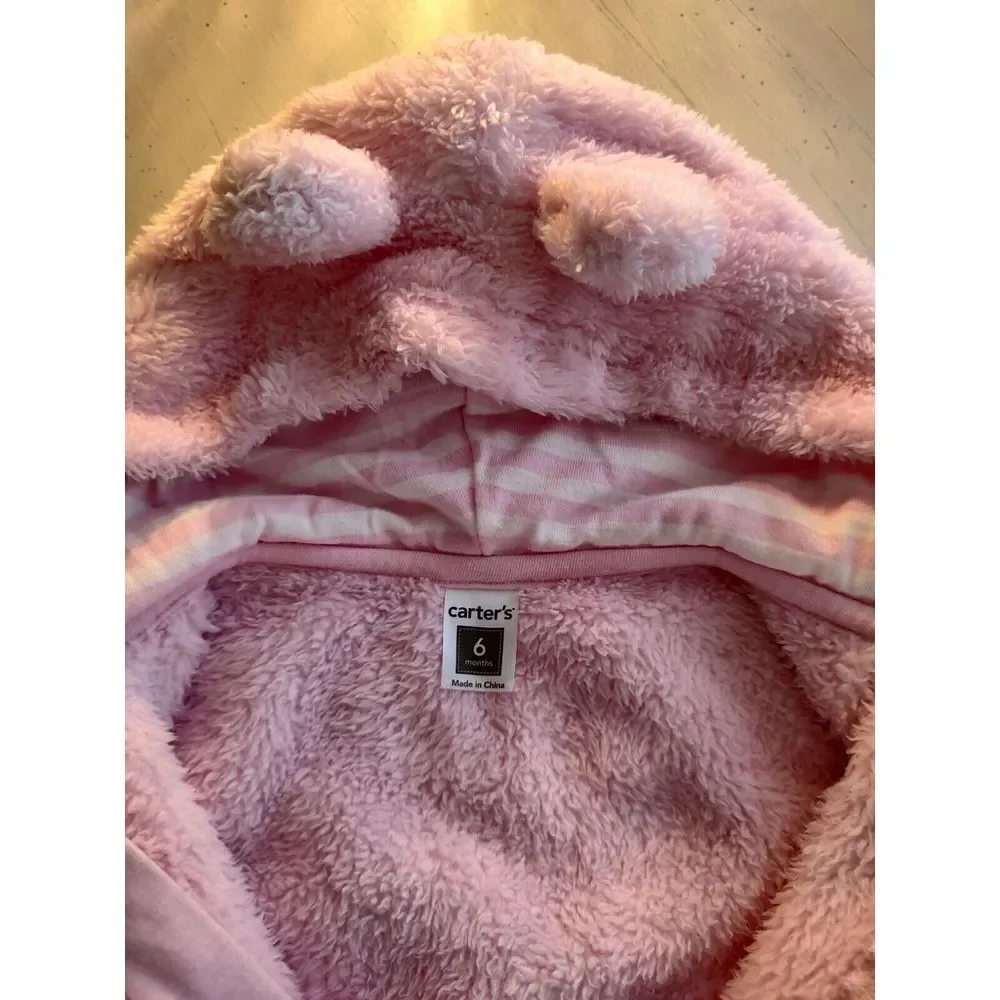 Carters Baby Girl Pink Fleece Hooded Pram Suit Bear Ears Footed Bunting 6 Months